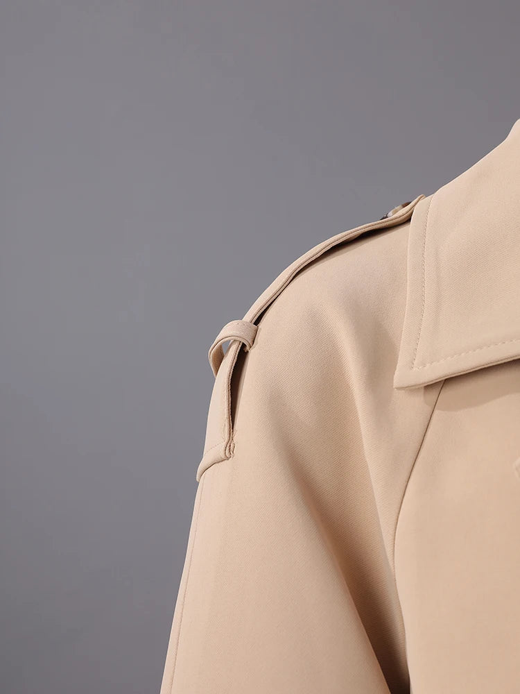 Women Khaki Pleated Elegant Trench New Lapel Long Sleeve Windbreaker Trench Coat