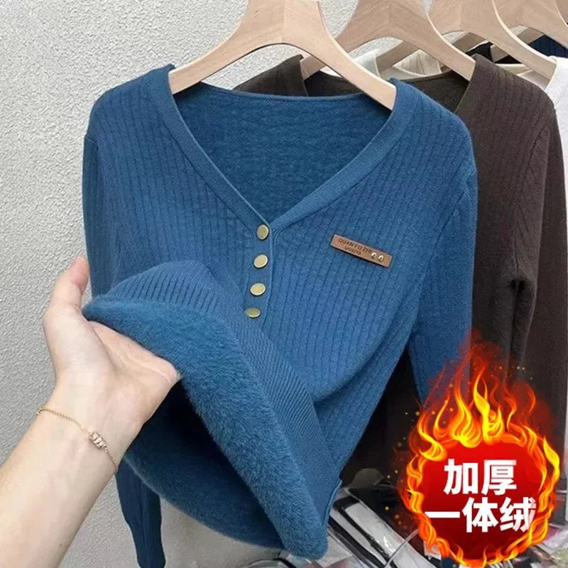 Thick Velvet V-neck Sweater Women Korean Fashion Lined Warm Knitted Pullover