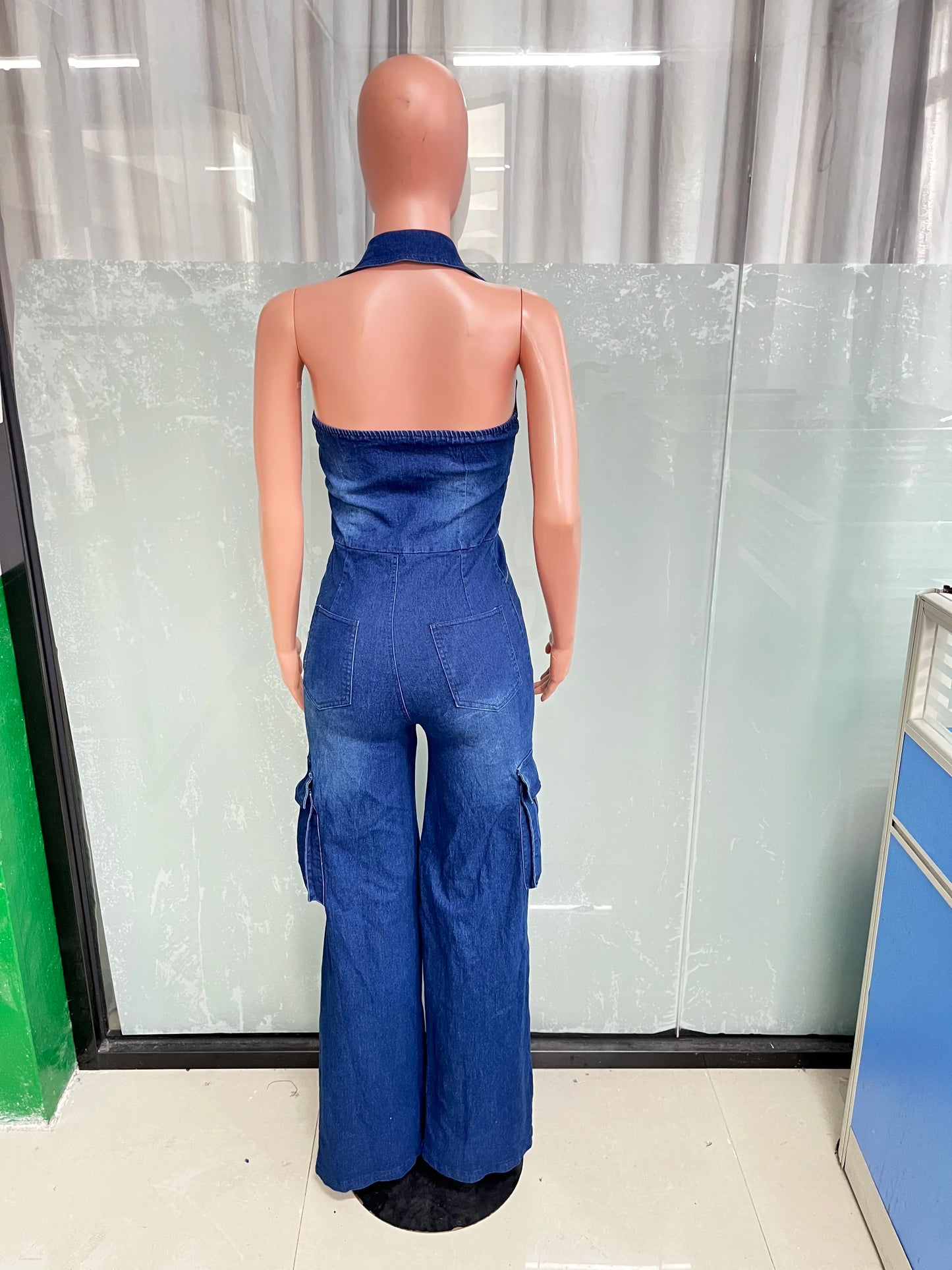 Denim Cargo Romper Sexy Women Halter Elegant Denim Casual Jumpsuit Overalls