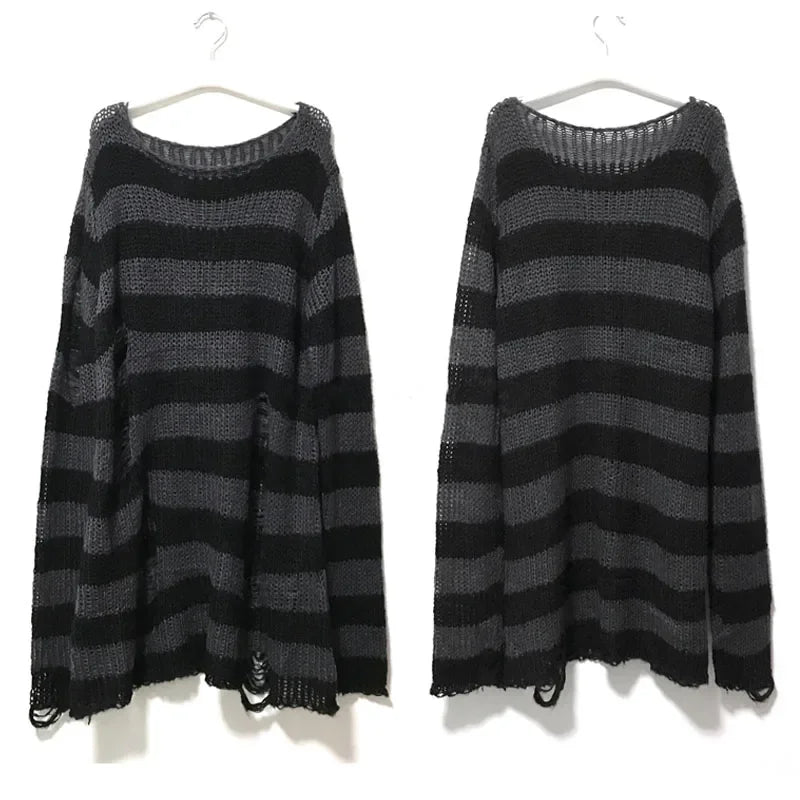 Punk Gothic Long Sweater Women Striped Broken Jumper