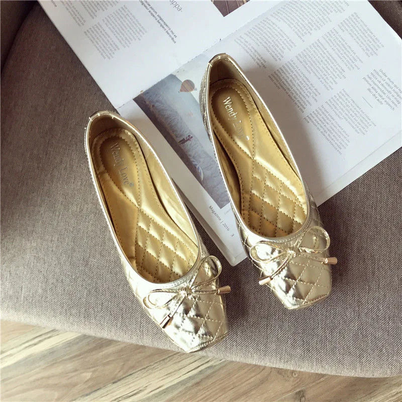 Women Flats Square toe Soft Ladies Shoes Ballet Flats Black Gold Color