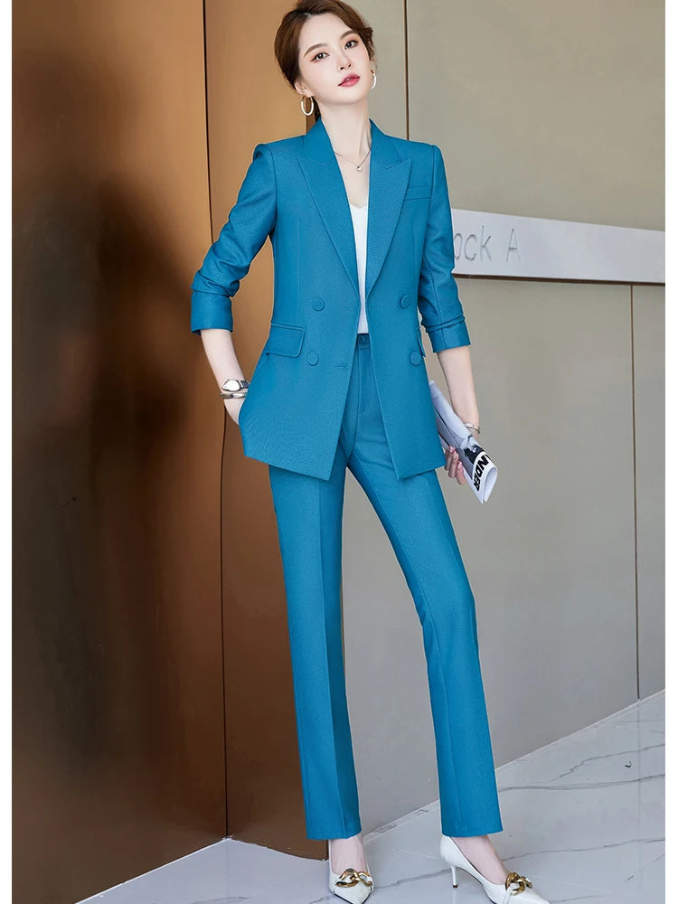 Blue Purple Black Women Blazer and Pant Suit Office Ladies Business Work Wear