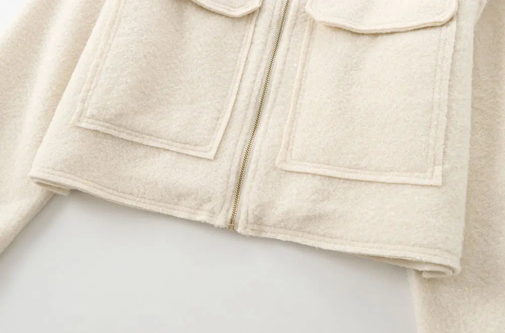 Cropped Jacket with Pockets for Women, Long Sleeve Coat Front Zipper Female Outerwear