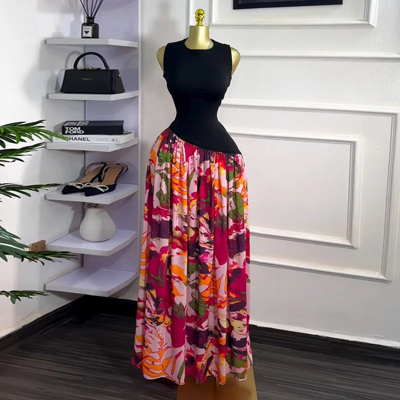 Sleeveless ashes Maxi Dress Printed Patchwork Tank Long Maxi Dress