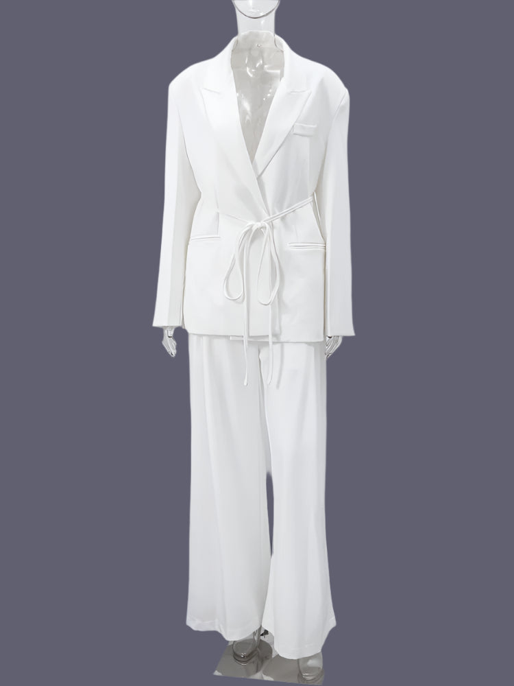 Elegant Blazer Pants Sets Women V-neck Lace up Jacket Full Sleeve Wide Leg Trousers Suit