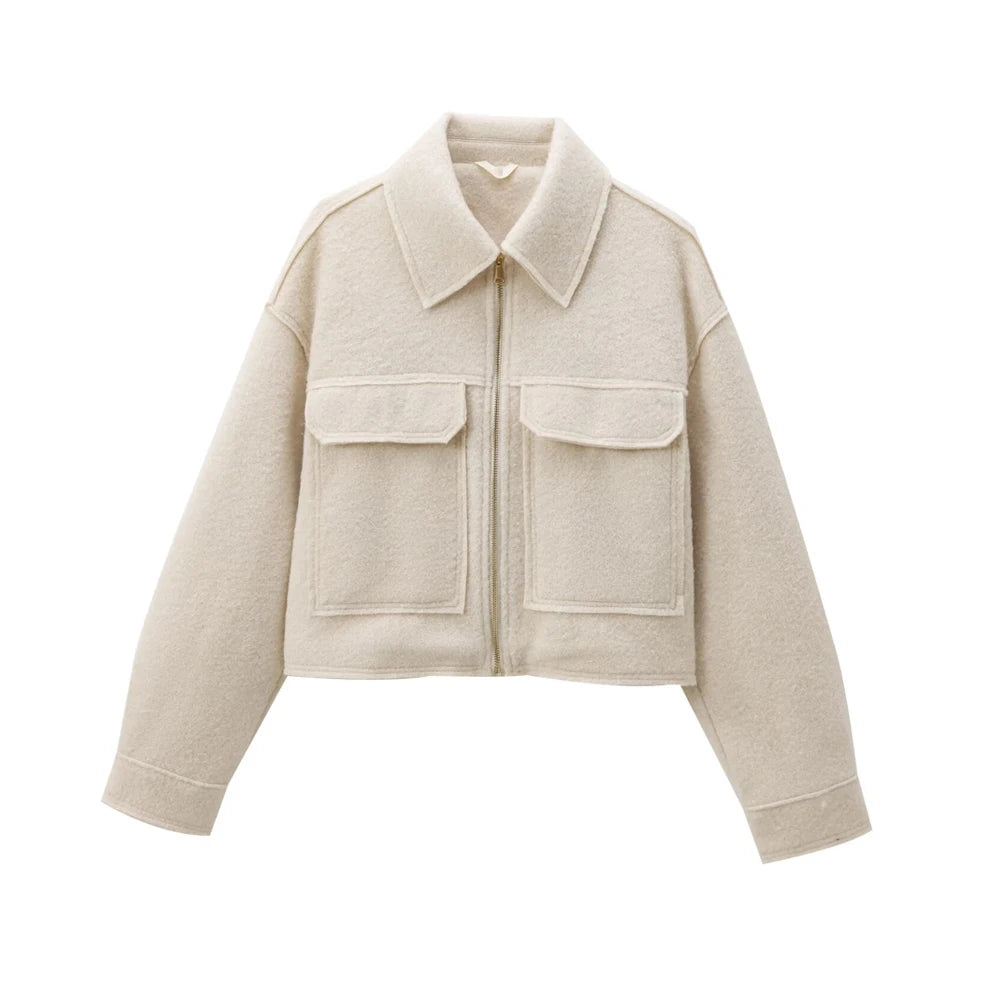 Cropped Jacket with Pockets for Women, Long Sleeve Coat Front Zipper Female Outerwear
