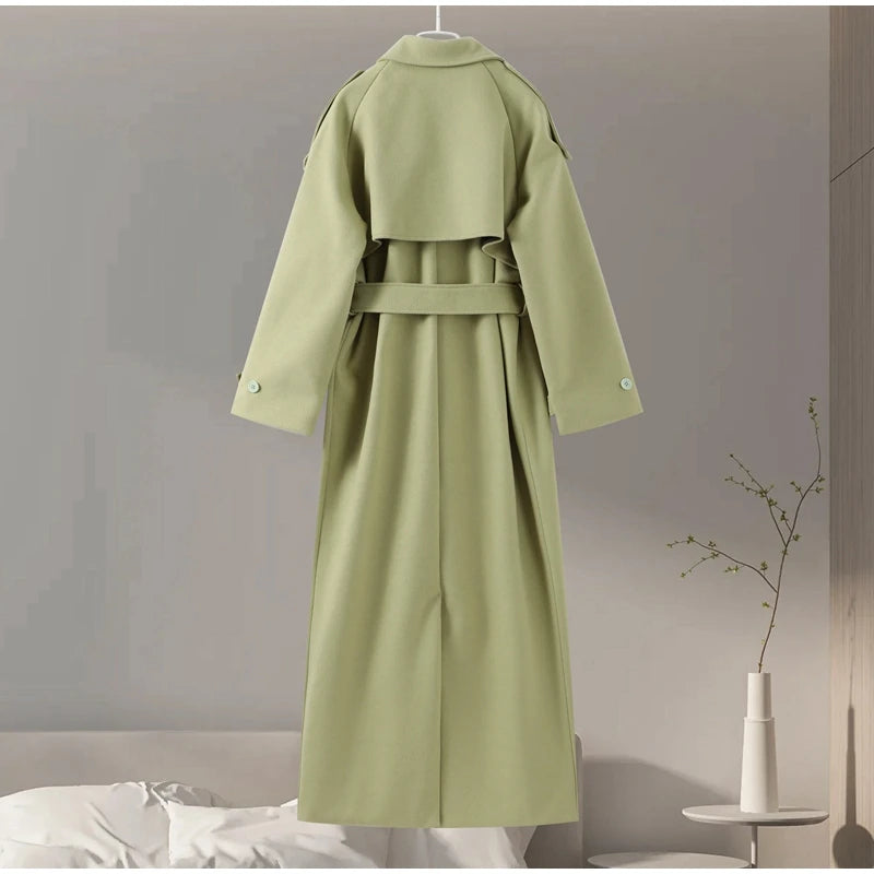 Urban Solid Double Breasted Long Women Coat Loose Full Sleeve Belt Double Breasted Jacket