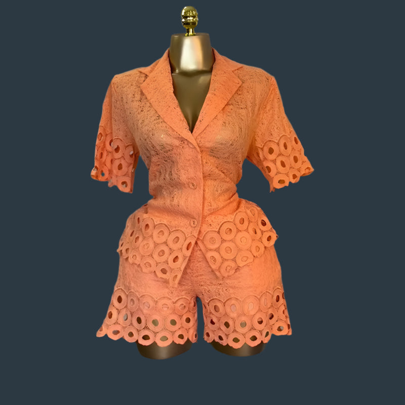 Lace Embroidery Women's Set half Sleeve Shirt and Shorts Two 2 Piece Sets Outfit