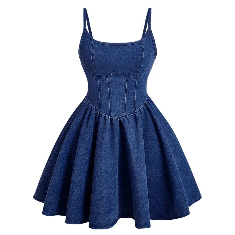 Women Denim Mini Dresses A Line Sling Stretchy Y2k Causal Denim Dress