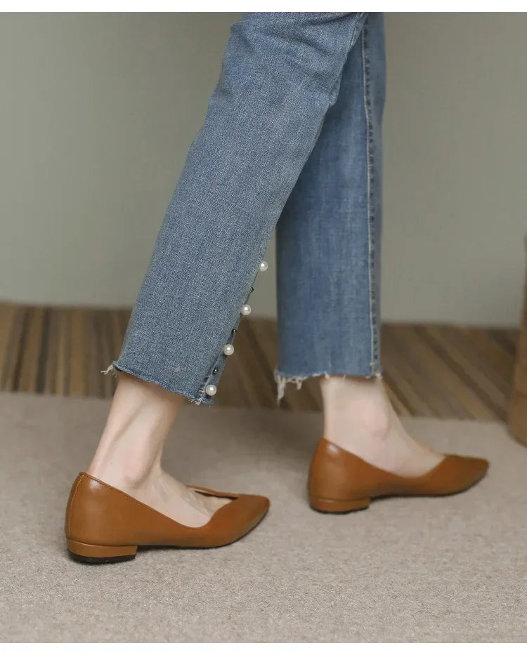 French Pointed Leather Shoe Simple Comfort Sheepskin Elegant Low Heel Shoes