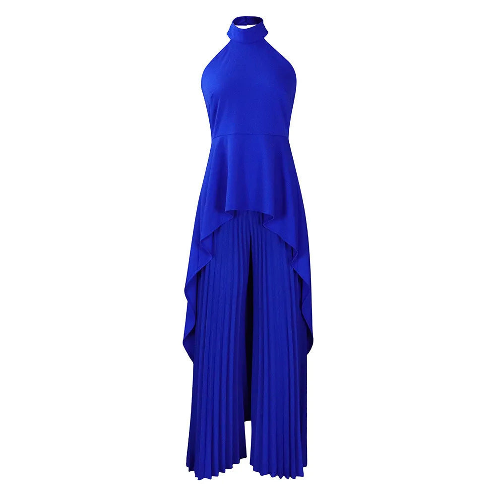 Elegant Two Piece Set Women Outfit Backless Top Hundred Pleated Wide Leg Pants Trousers Suit Summer Office Lady Suit