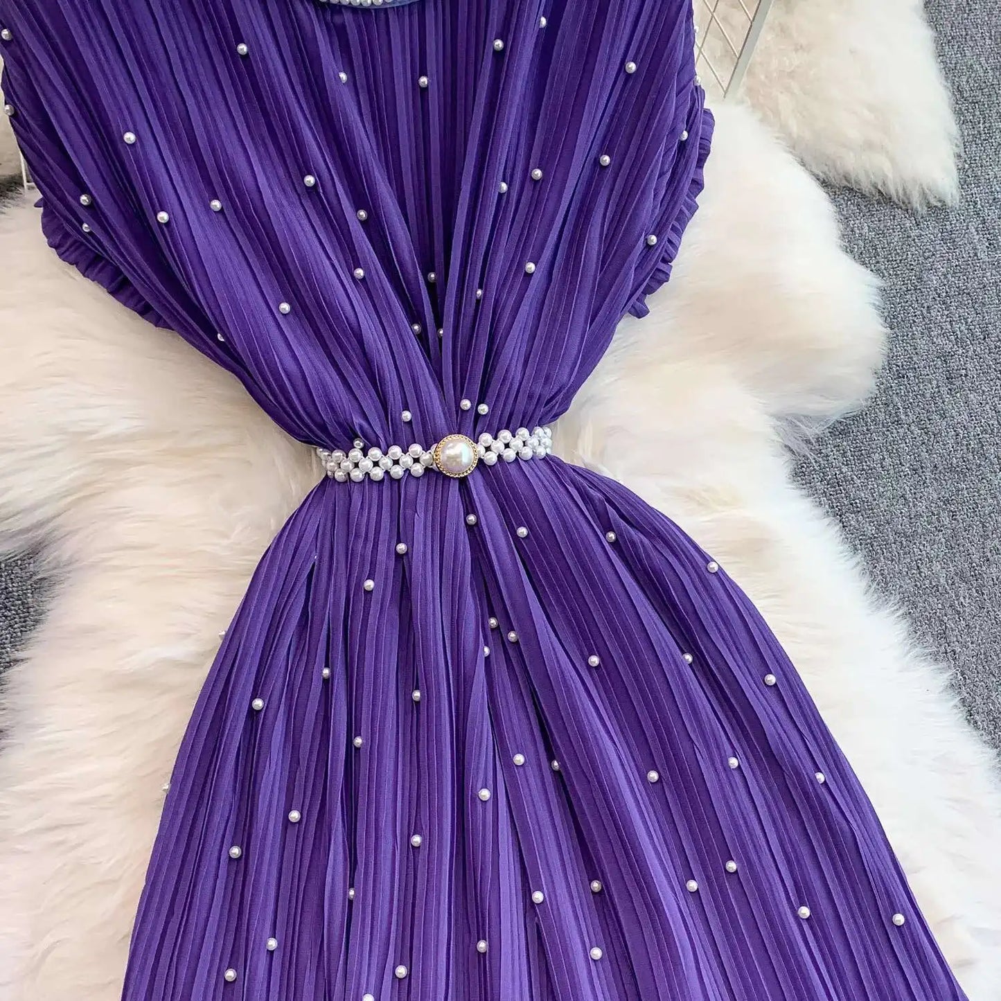 Summer Luxury Pearls Long Chiffon Dress For Women Loose Big Size Short Sleeve Crystal Birthday Evening Midi Pleated Dresses