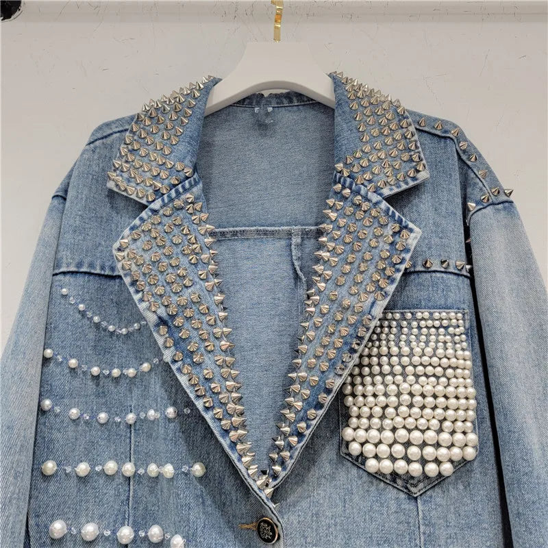 Women Pearls Beaded Denim Jacket Turn Down Collar Jeans Blazers