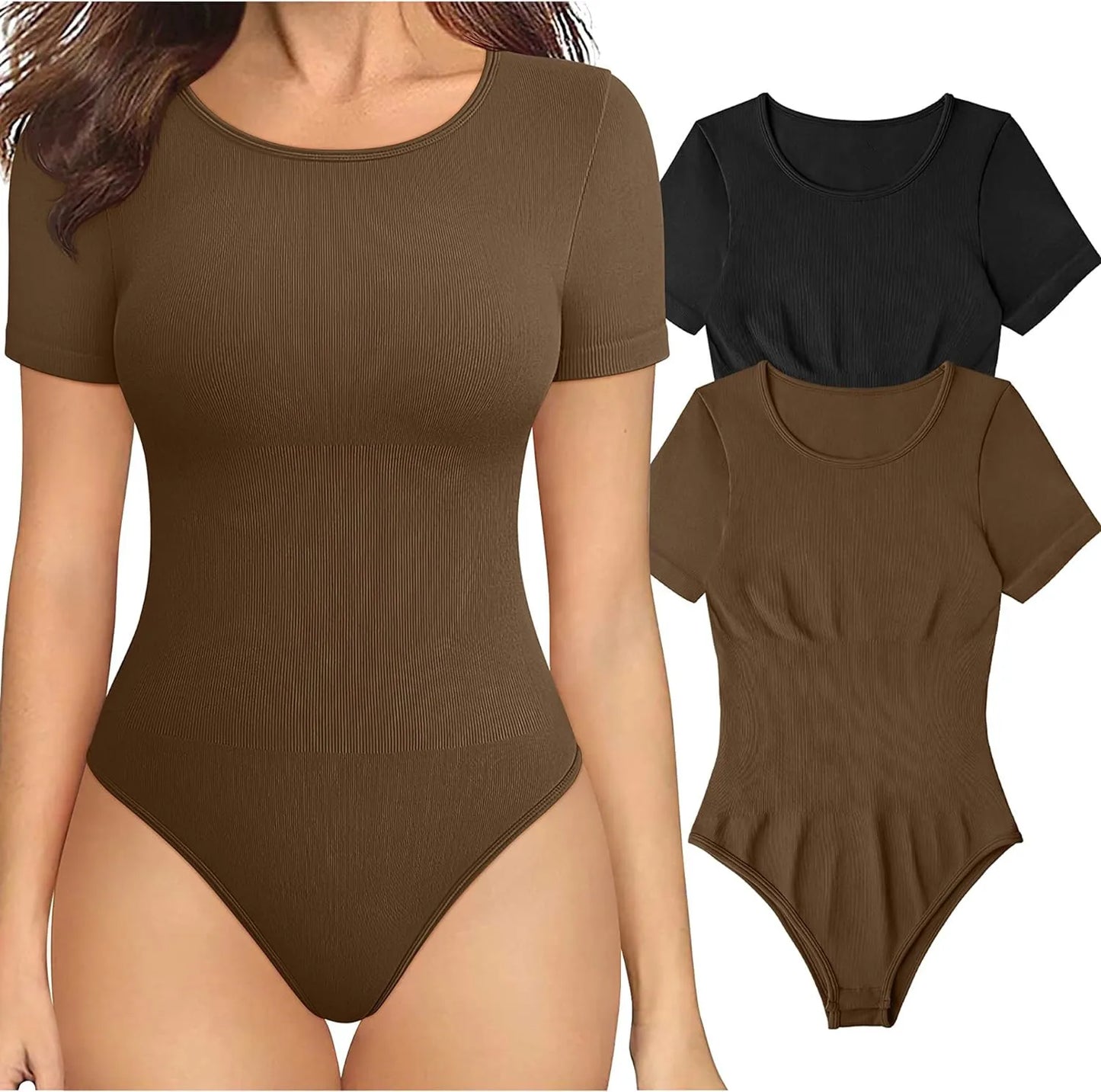 Women Bodysuit Shapewear Seamless Short Sleeve Thong Tummy Control Sculpting Body Shaper