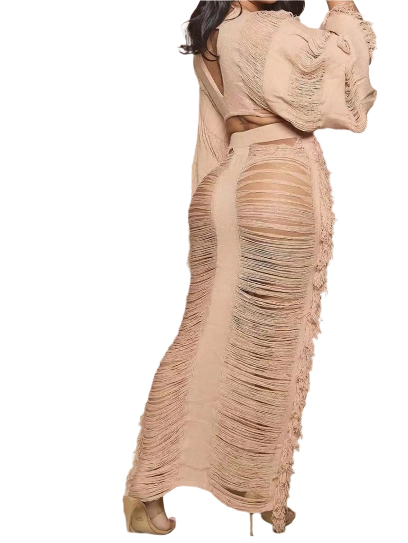 Women's Fringed 2-piece Set Long-sleeved top with fringed cutout sexy and elegant party club outfit