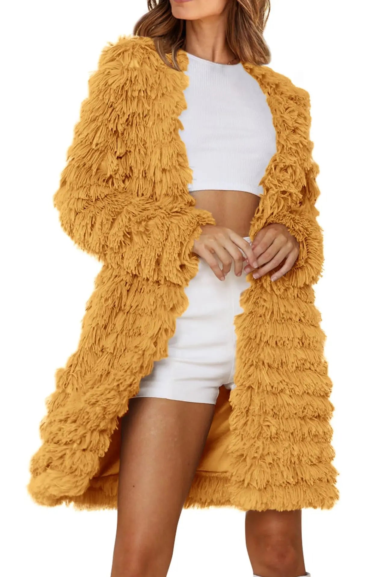Long Sleeve Faux Fur Jackets Open Front Long Cardigan Coat Outerwear