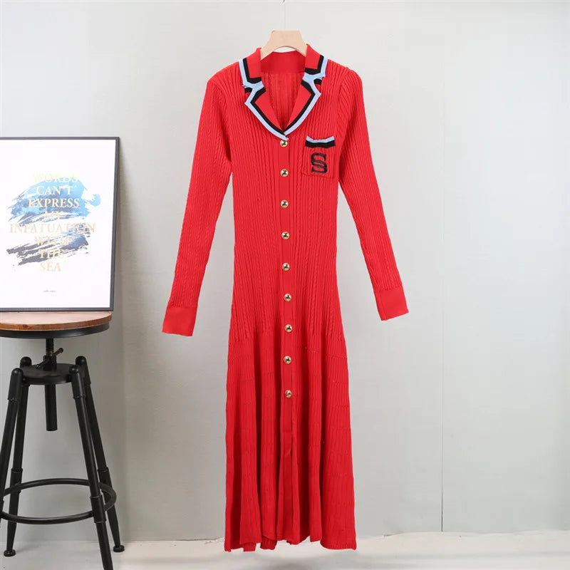 Women Polo Dress Single Breasted Pocket Design Bodycon Knitted Dress Sweater Midi Dress