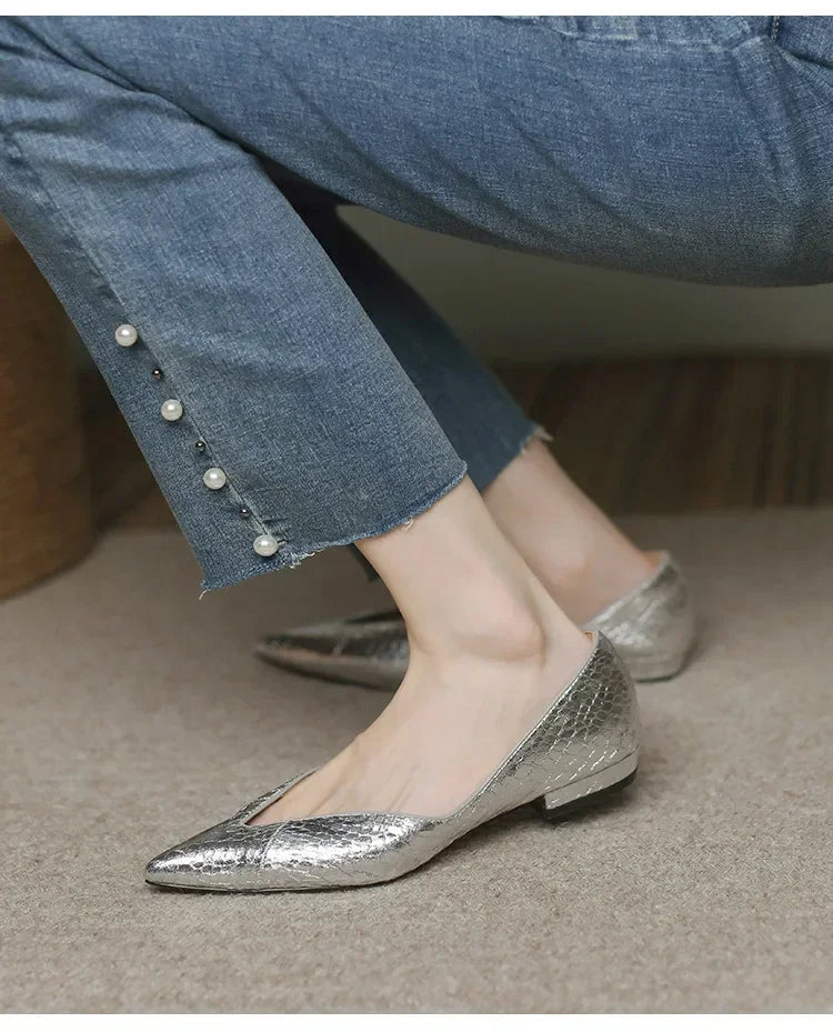French Pointed Leather Shoe Simple Comfort Sheepskin Elegant Low Heel Shoes