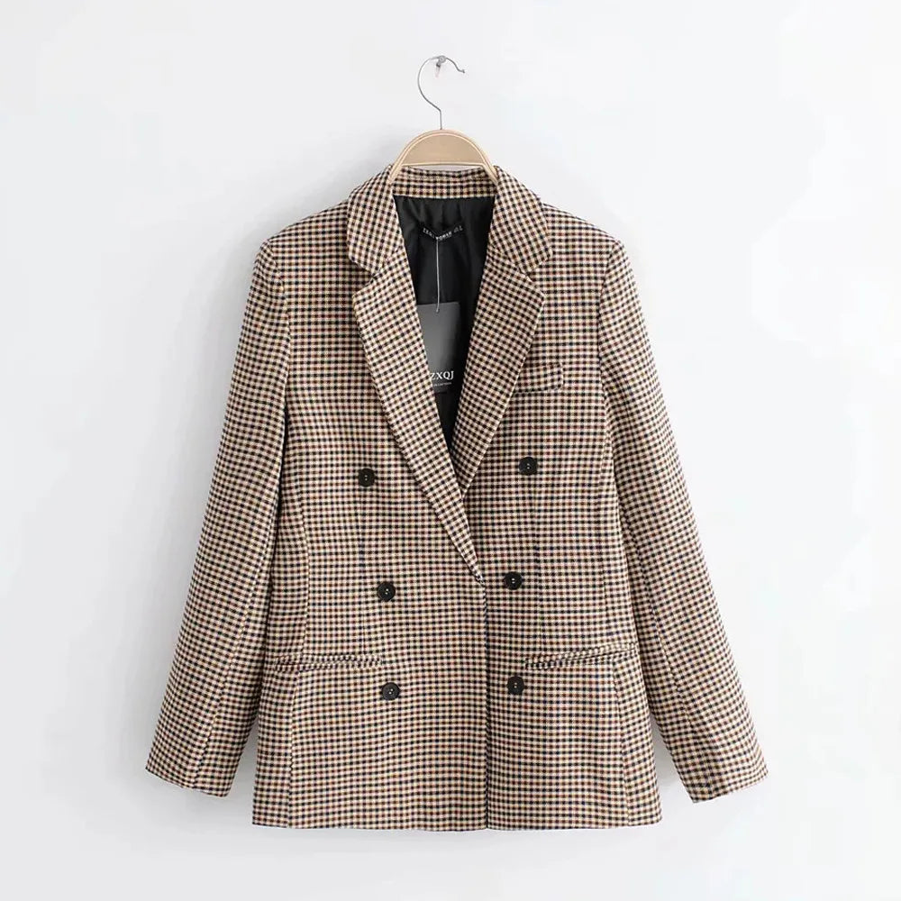 Women's Elegant Open Front Coat Retro Button Suit Coats Plaid Long Sleeve Flannel Lapel Blazer