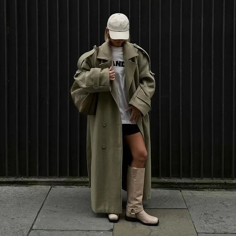 Urban Solid Double Breasted Long Women Coat Loose Full Sleeve Belt Double Breasted Jacket