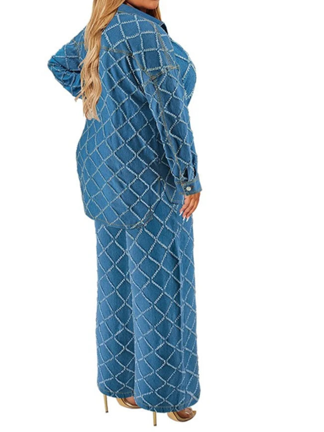 Plus Size Denim Two Piece Sets Women Long Sleeve Tops and Pants Matching Suits