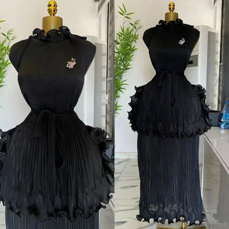 Pleated Dress Women's Solid Sleeveless Ruffles Lace Wedding Guest Dress Cocktail Dress