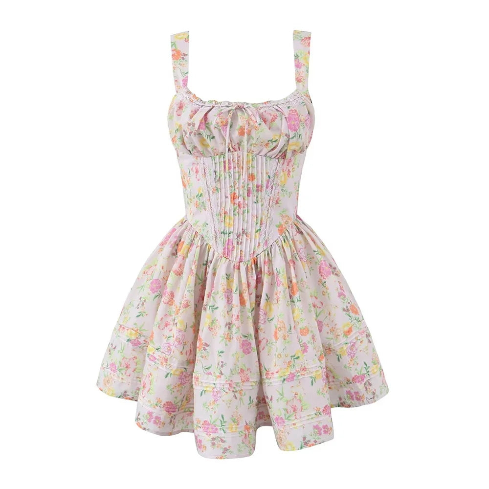 Women's Fashionable Floral Print Pleated Patchwork Slim Fitting Suspender Dress