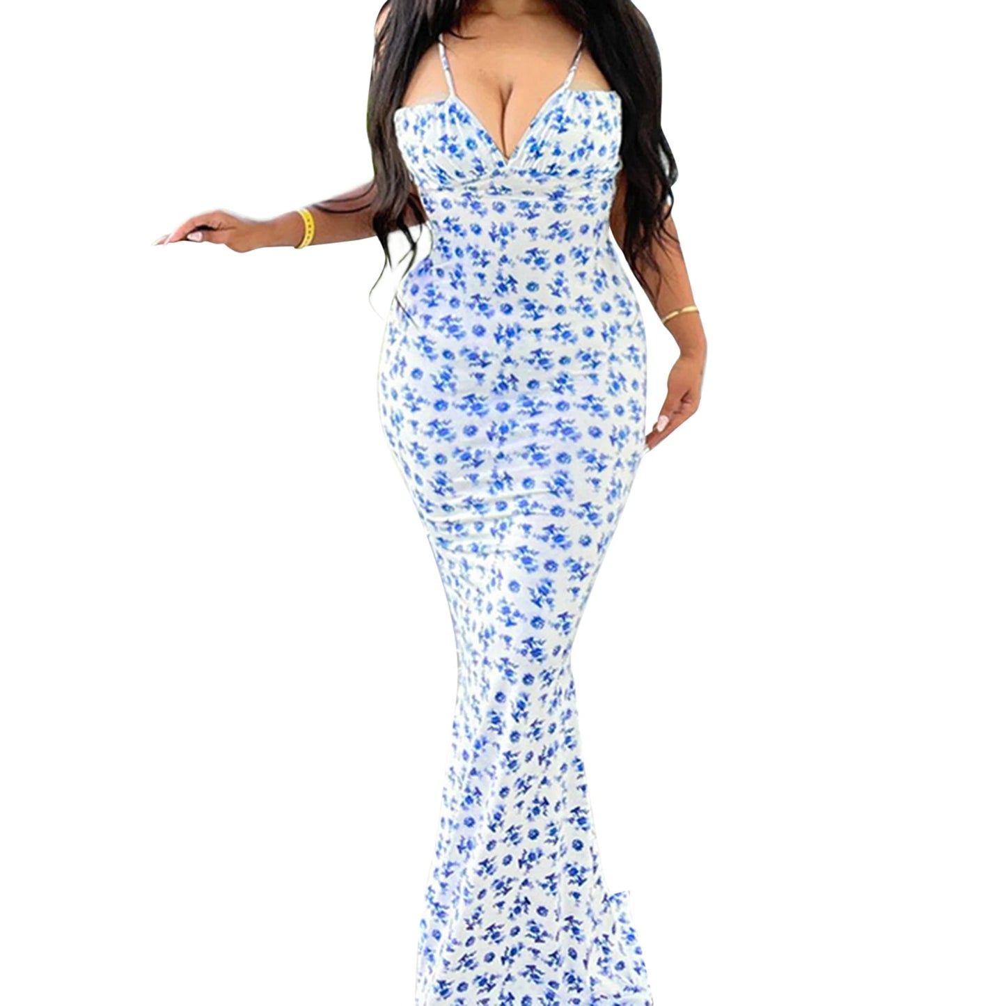 Women Elegant Floral Print Spaghetti Strap Dress with Drawstring Waist
