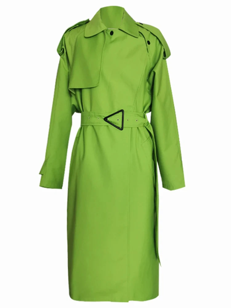 Luxury Long Oversized Bright Green Faux Leather Trench Coat for Women