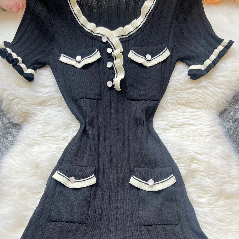 Chic Knitted Mini Dress Elegant Black Ruffled Party Dress