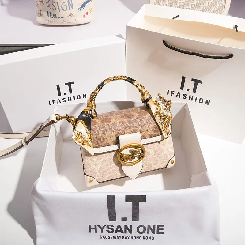 contrasting color women's bag, high-end carriage crossbody bag, portable box bag