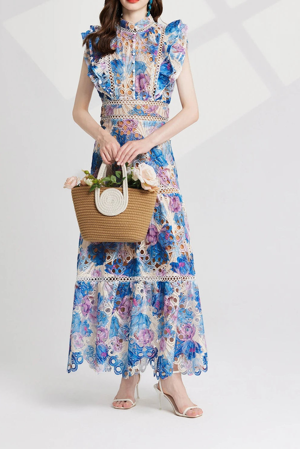 Flower Embroidery Maxi Wedding Guest Dress Women Flare Ruffles Sleeve Neck Colorful Long Robe