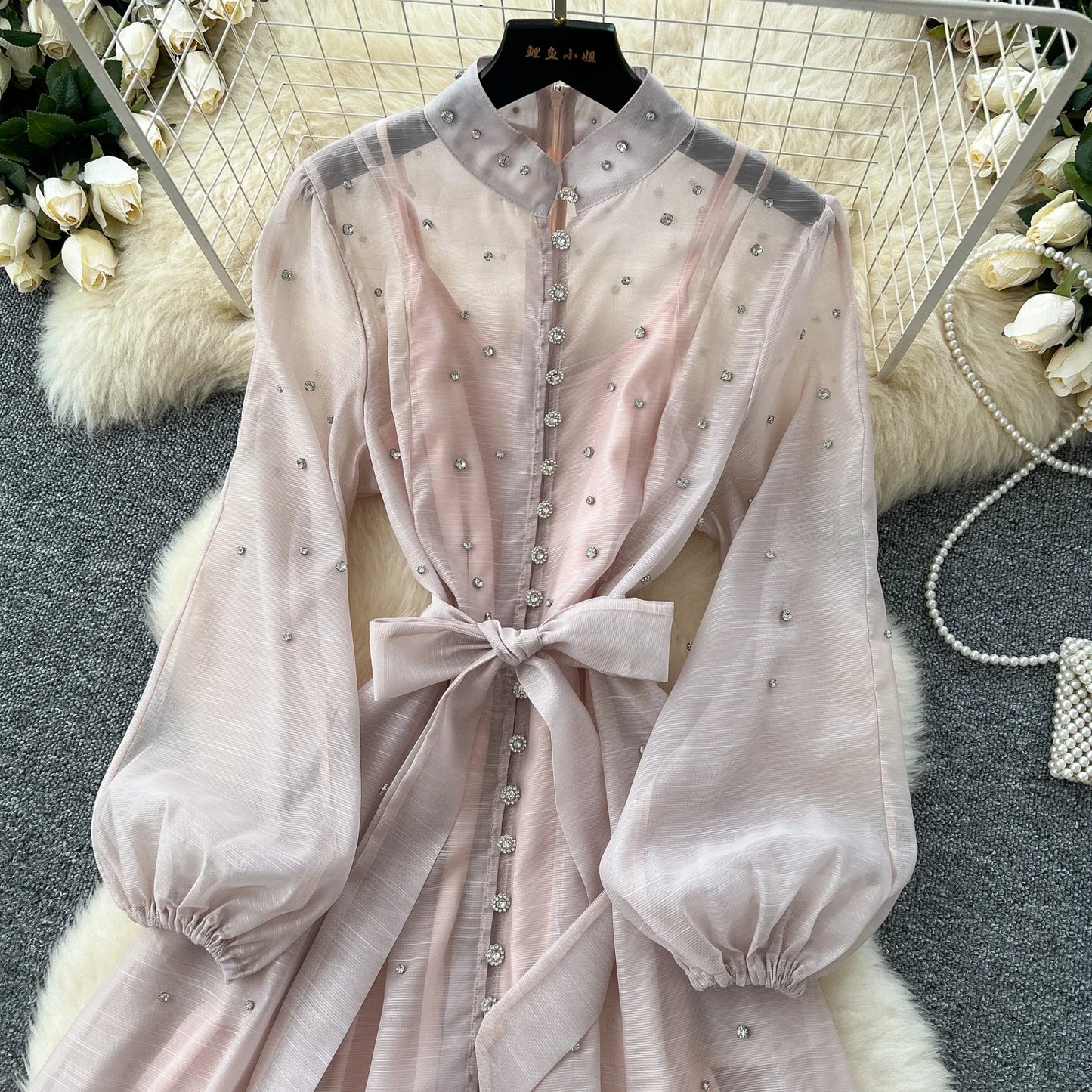 Elegant Lantern Sleeves Vintage Stand Collar Chic Single Breasted Rhinestone Bandage Slim High Street Long Dresses