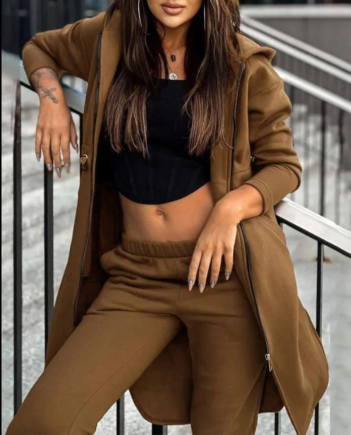 Women Pant Set Hooded Zipper Long Coats Two Piece Suits Casual Straight Pants