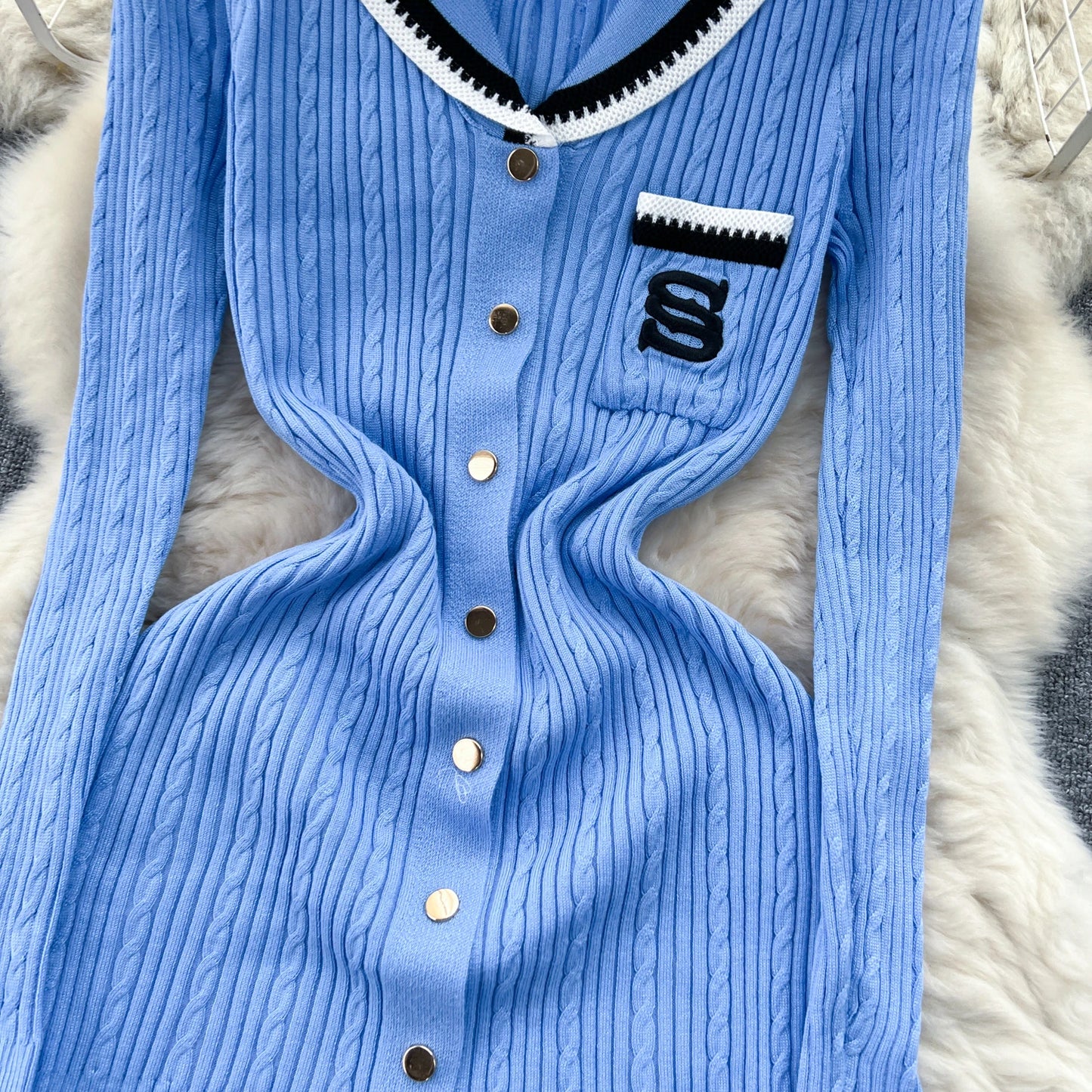 Women Polo Dress Single Breasted Pocket Design Bodycon Knitted Dress Sweater Midi Dress