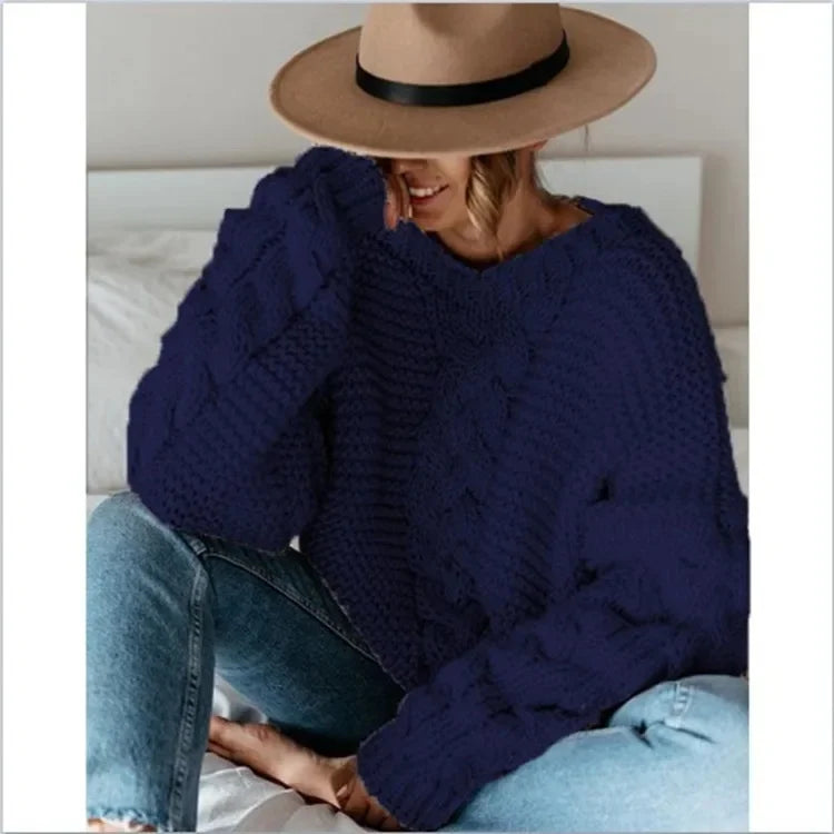 Loose Knitted Casual Sweater V Turtleneck Twist Women's Pullover Sweater
