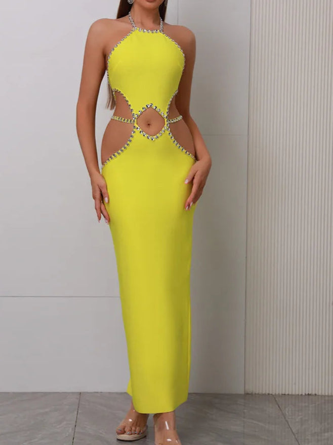 Sexy Backless Halter Beading Maxi Long Lemon Bandage Dress Cocktail Dress