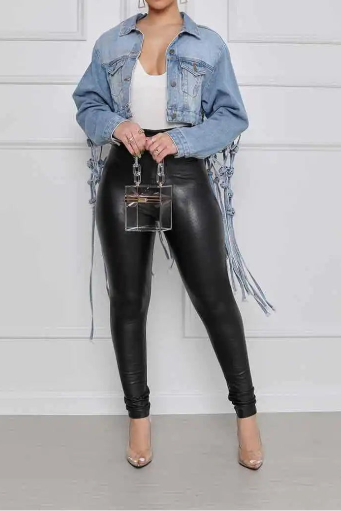 Women Denim Jacket Back Grid Fringe Personalized Jacket Coat