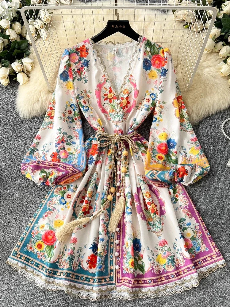 Elegant Vintage Luxury Evening Dress Women Print Sashes Button Short Party Dress Female Casual Holiday Clothing