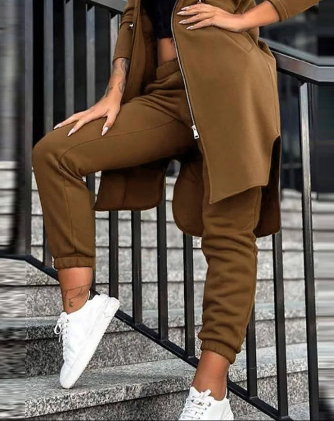 Women Pant Set Hooded Zipper Long Coats Two Piece Suits Casual Straight Pants