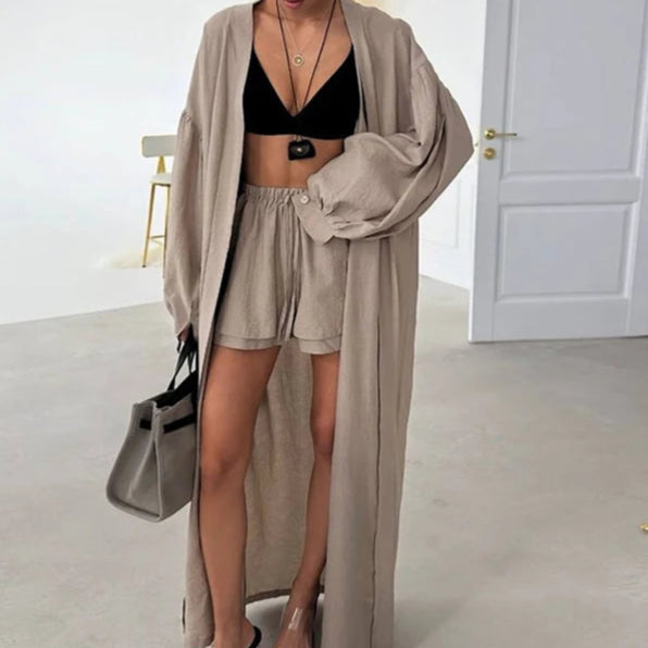Loose Long Cardigan Lace Up Shorts Sets Women Crop Solid Balloon Sleeve Shirts Elastic Wide Leg Short Pants