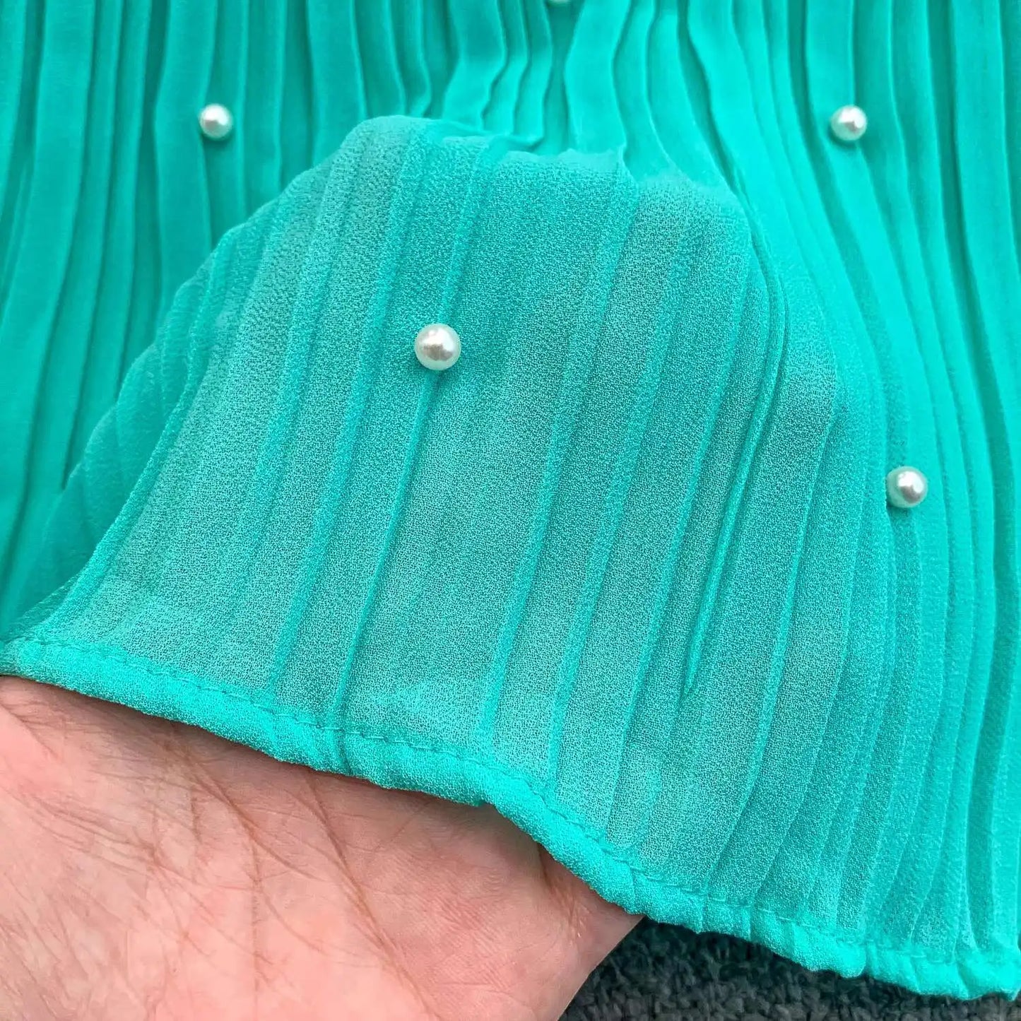 Summer Luxury Pearls Long Chiffon Dress For Women Loose Big Size Short Sleeve Crystal Birthday Evening Midi Pleated Dresses