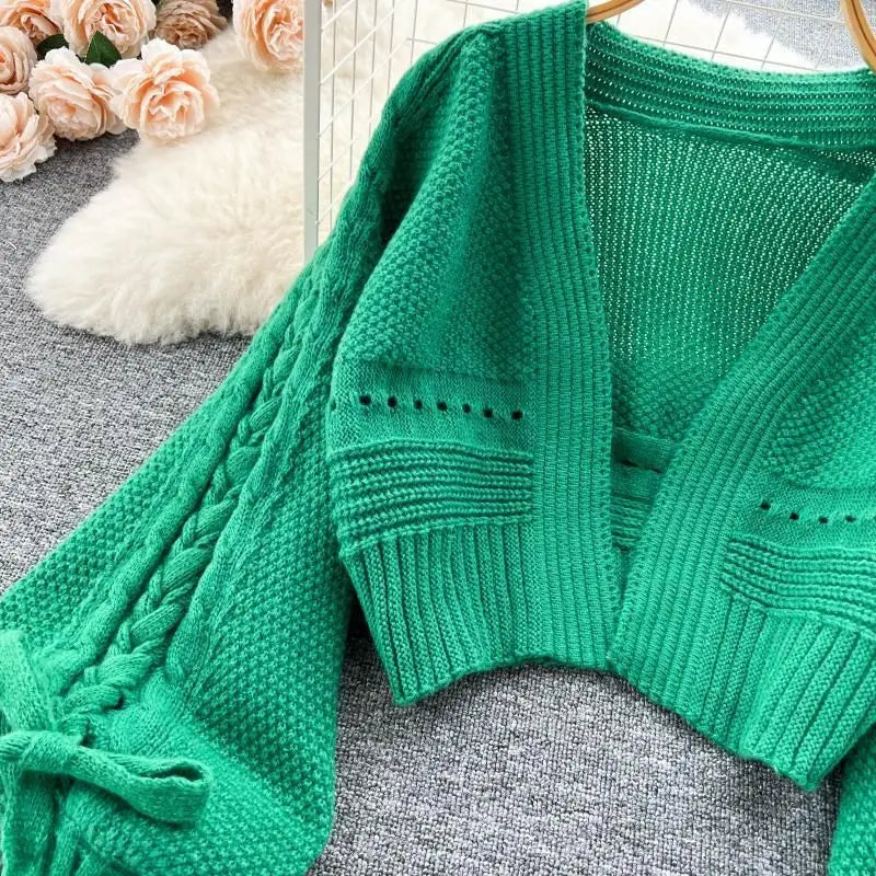 Green Casual Acrylic Knit V-Neck Lantern Long Sleeve Lace Up Women's Cardigan