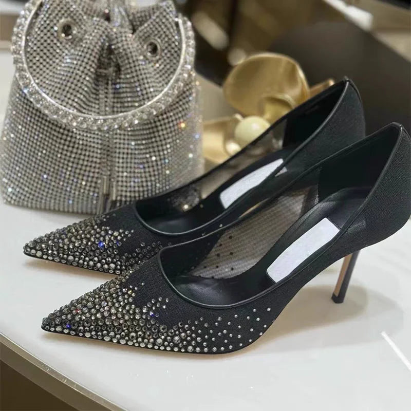 Mesh Pointed Shallow Mouth Sexy Pump Heels Stiletto Shoes Bridal Shoes