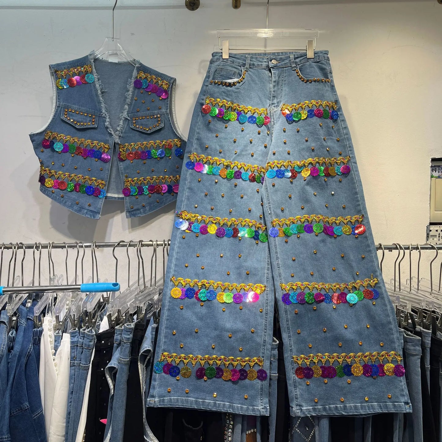 Sequined Denim Rhinestones Jeans Sleeveless Cowboy Vest + Jeans Pants