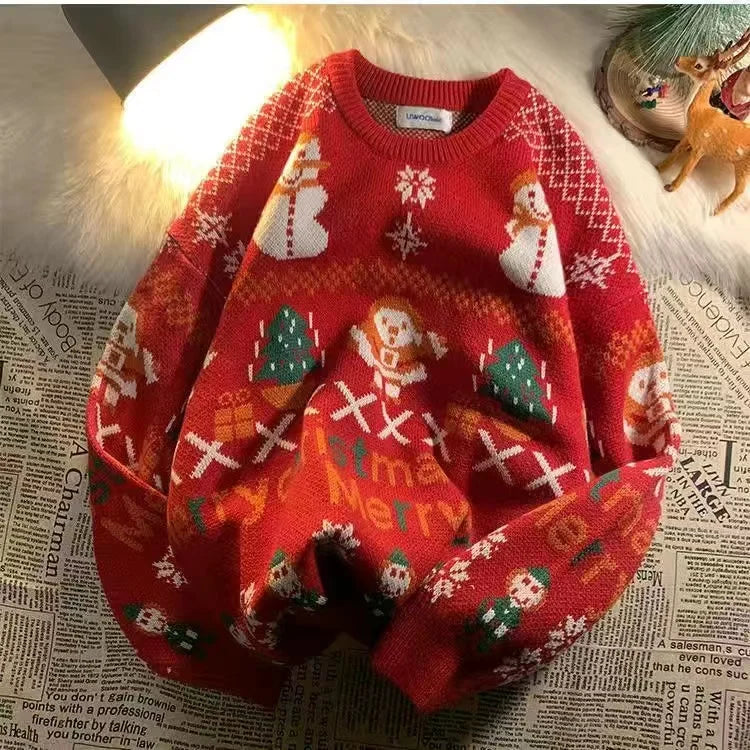 Christmas Style Pullover Sweater Women Y2K Crew Neck Couples Knit Sweater