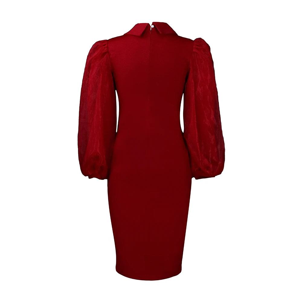 Elegant Office Dress fro Women Professional Full Sleeve Turn Down Collar Beaded Sheath Package Hips Mid Calf Formal Work Dress