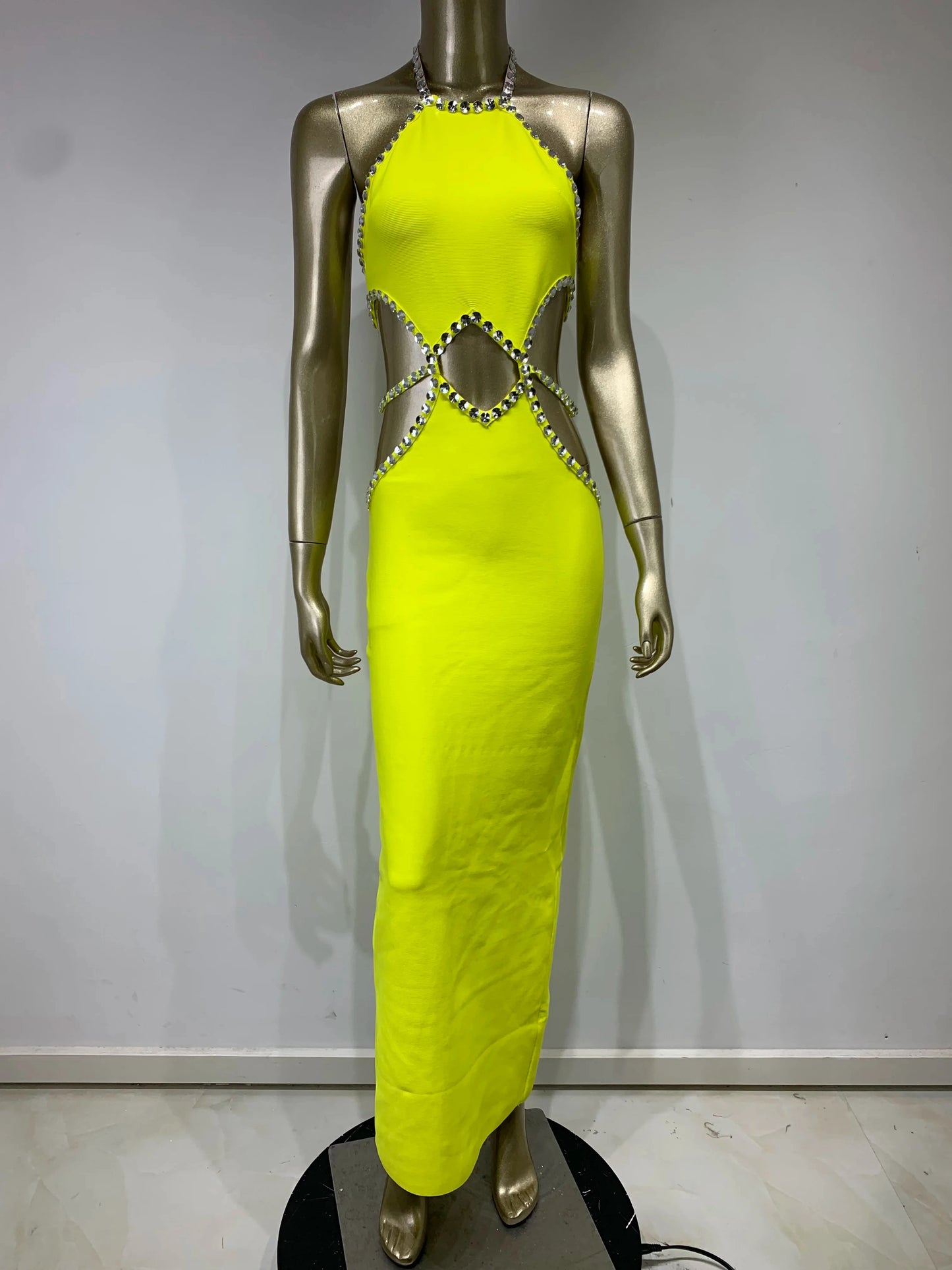 Sexy Backless Halter Beading Maxi Long Lemon Bandage Dress Cocktail Dress