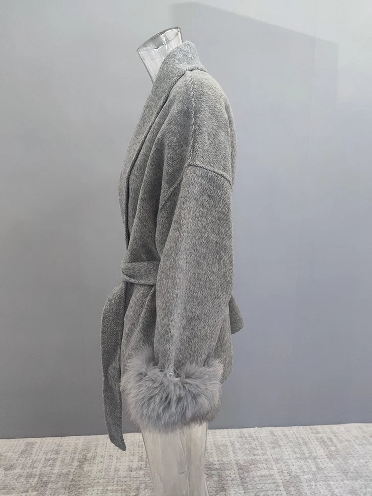 Women Overcoats Fur Patchwork Long Sleeve Woolen Coat