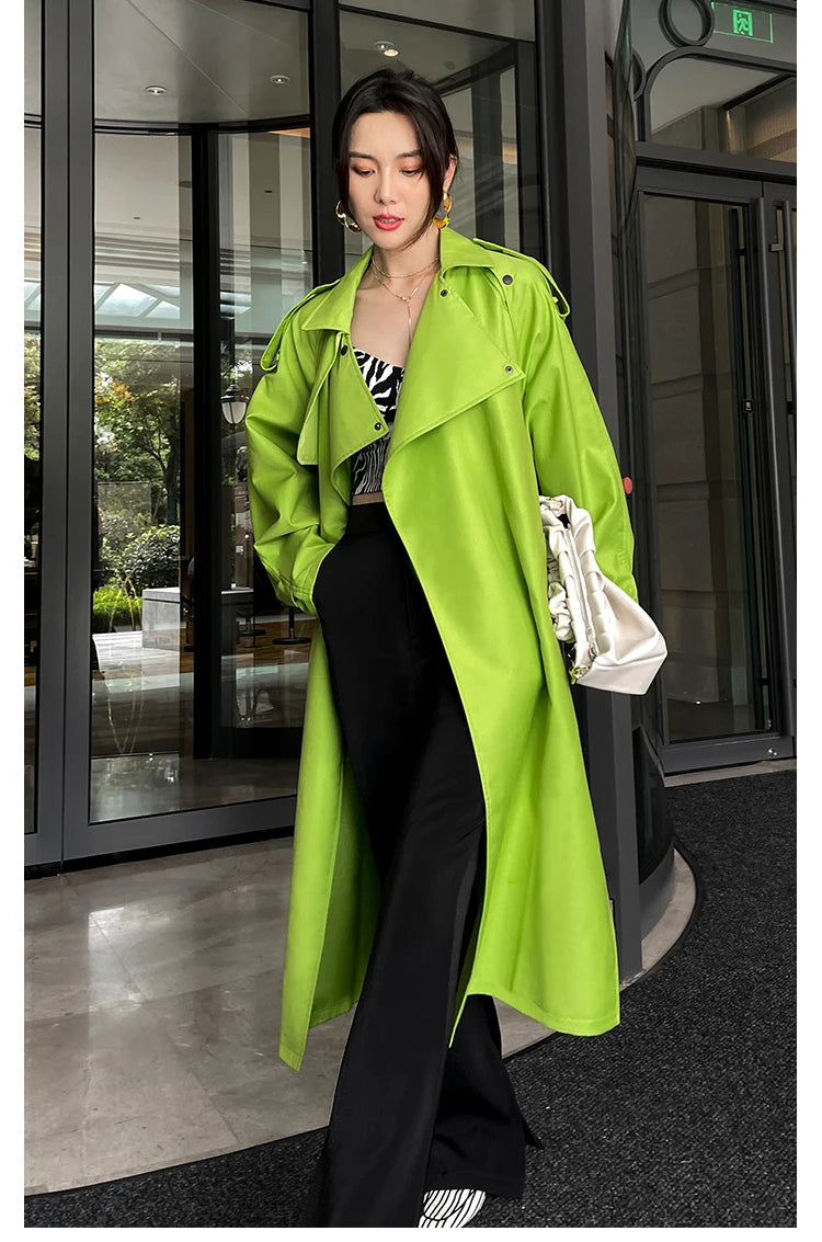 Luxury Long Oversized Bright Green Faux Leather Trench Coat for Women